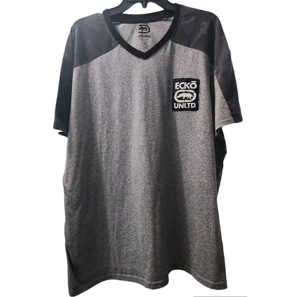 Ecko UNLTD. V-Neck T-Shirt Graphic Logo Patch Gray Black XL
